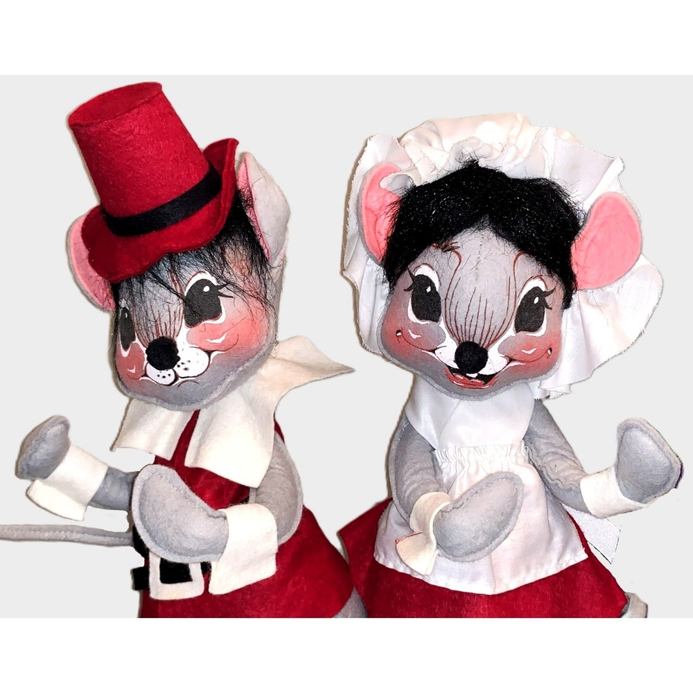 Vtg 1964/1981‎ Annalee Mobilitee Dolls Pair Thanksgiving Pilgrim Mouse Mice 15"